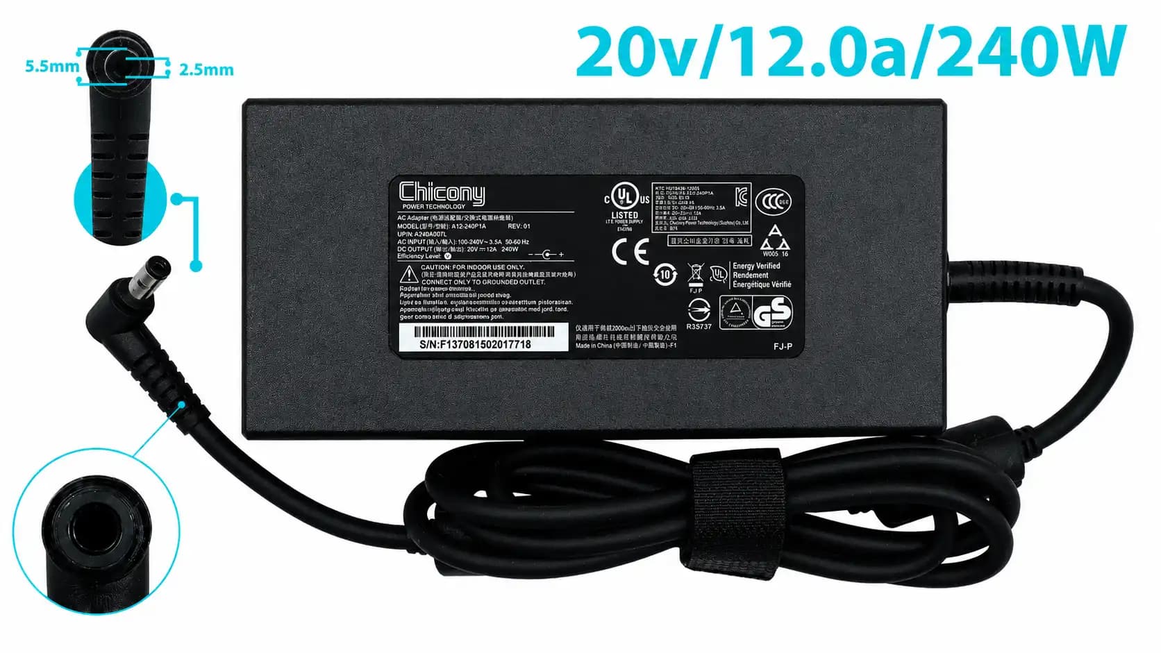 CAEGADOR CHICONY 20v/12.0a/240/5.5x2.5mm *HC* — imagen 1