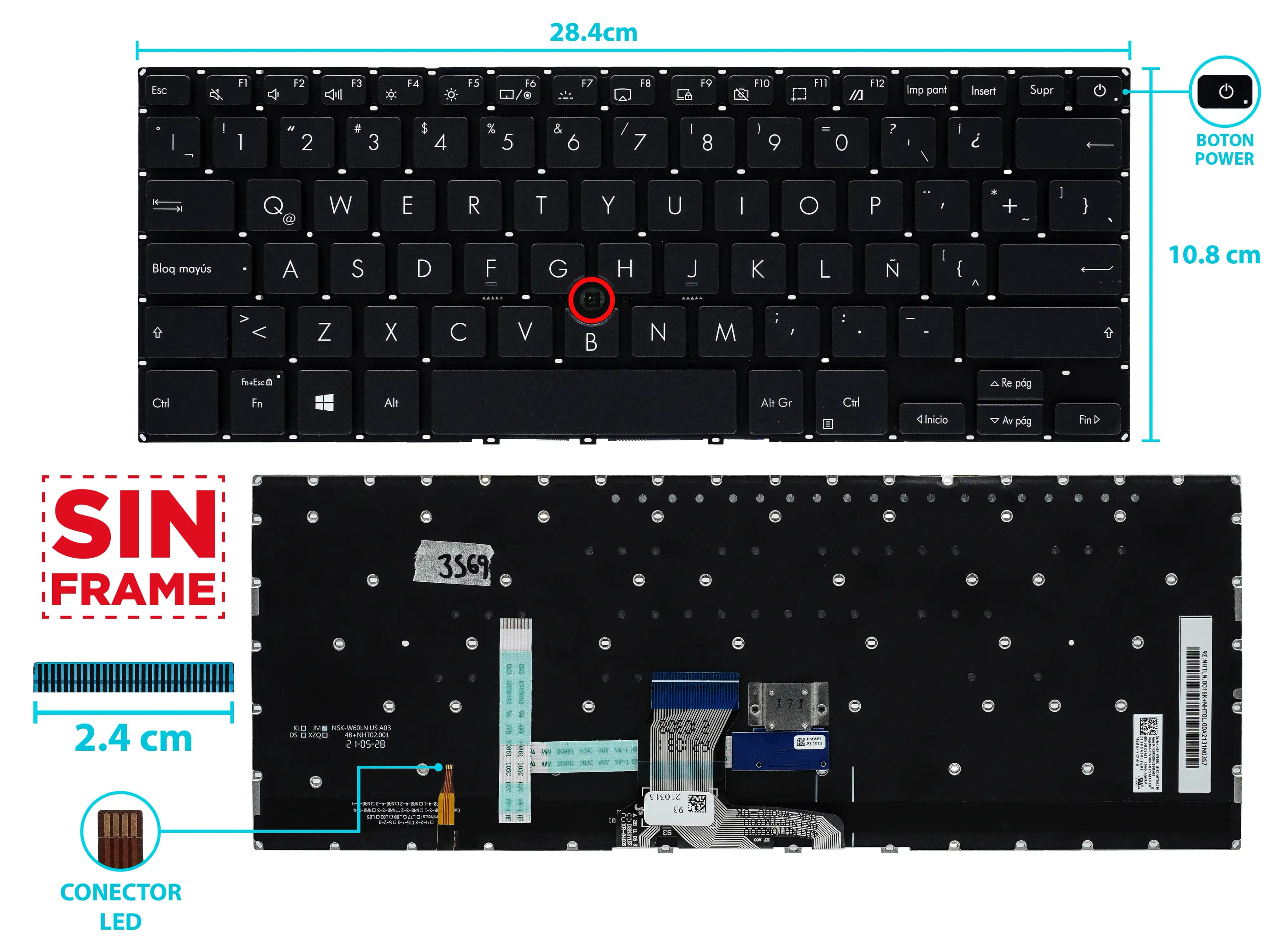 TECLADO ASUS P2451 P2451F P2451FA P2451FB P2541 P2541F CON POINTER CON BACKLIGTH BOTON POWER SIN FRAME ENTER SMALL SP — imagen 1