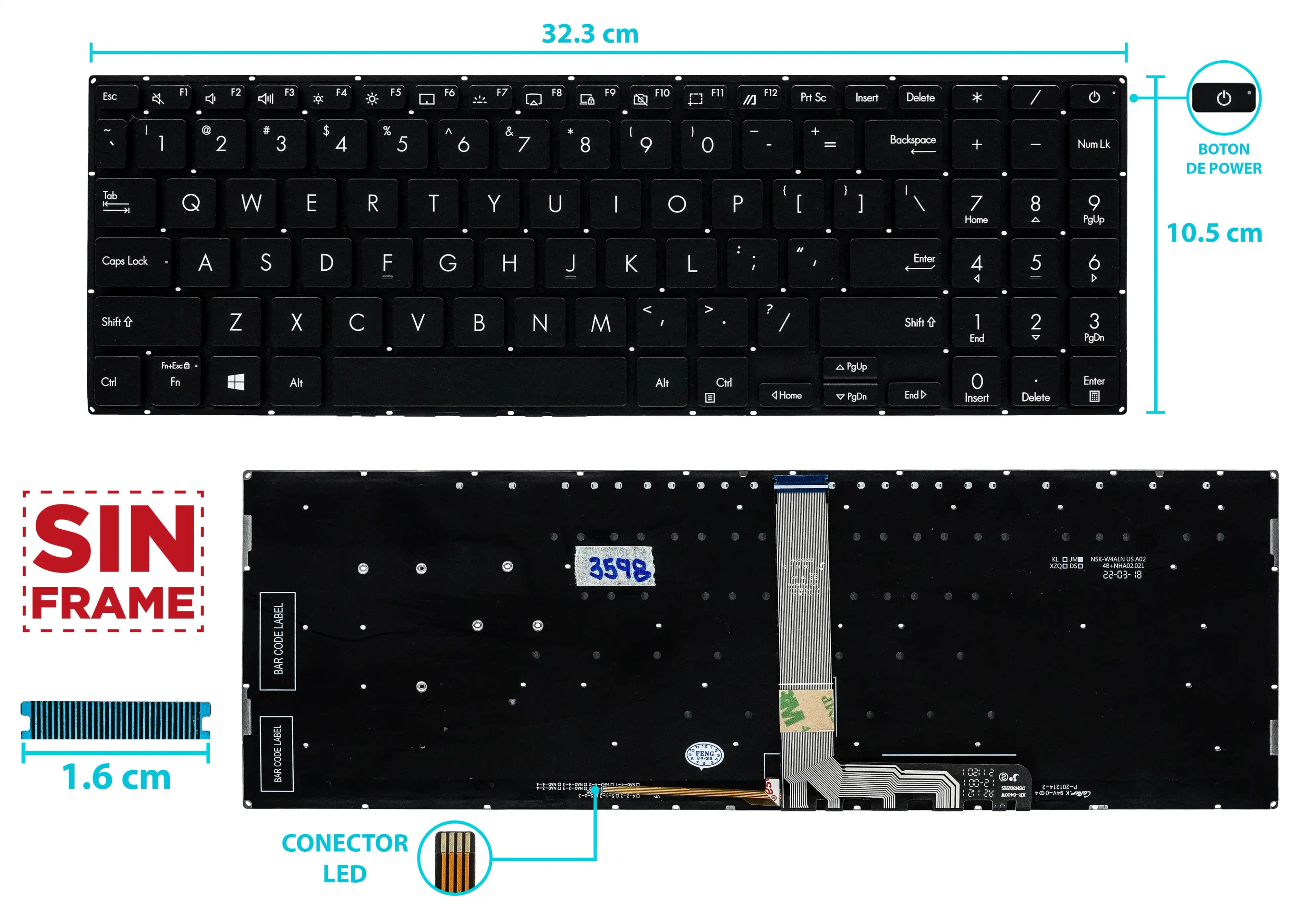 TECLADO ASUS UX535 UX535L UX535LH UX535LI UX535Q UX535QE UM535 CON BACKLITGH BOTON POWER SIN FRAME US NUMÉRICO — imagen 1