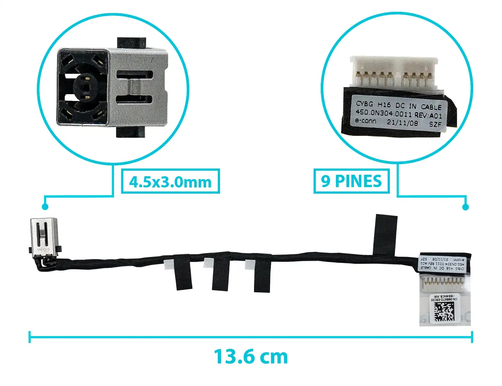 PIN DE CARGA DC JACK DELL INSPIRON 16 7610 15 7510 VOSTRO 7510 (2022) 0H0FJ5 4.5x3.0mm CON CABLE — imagen 1