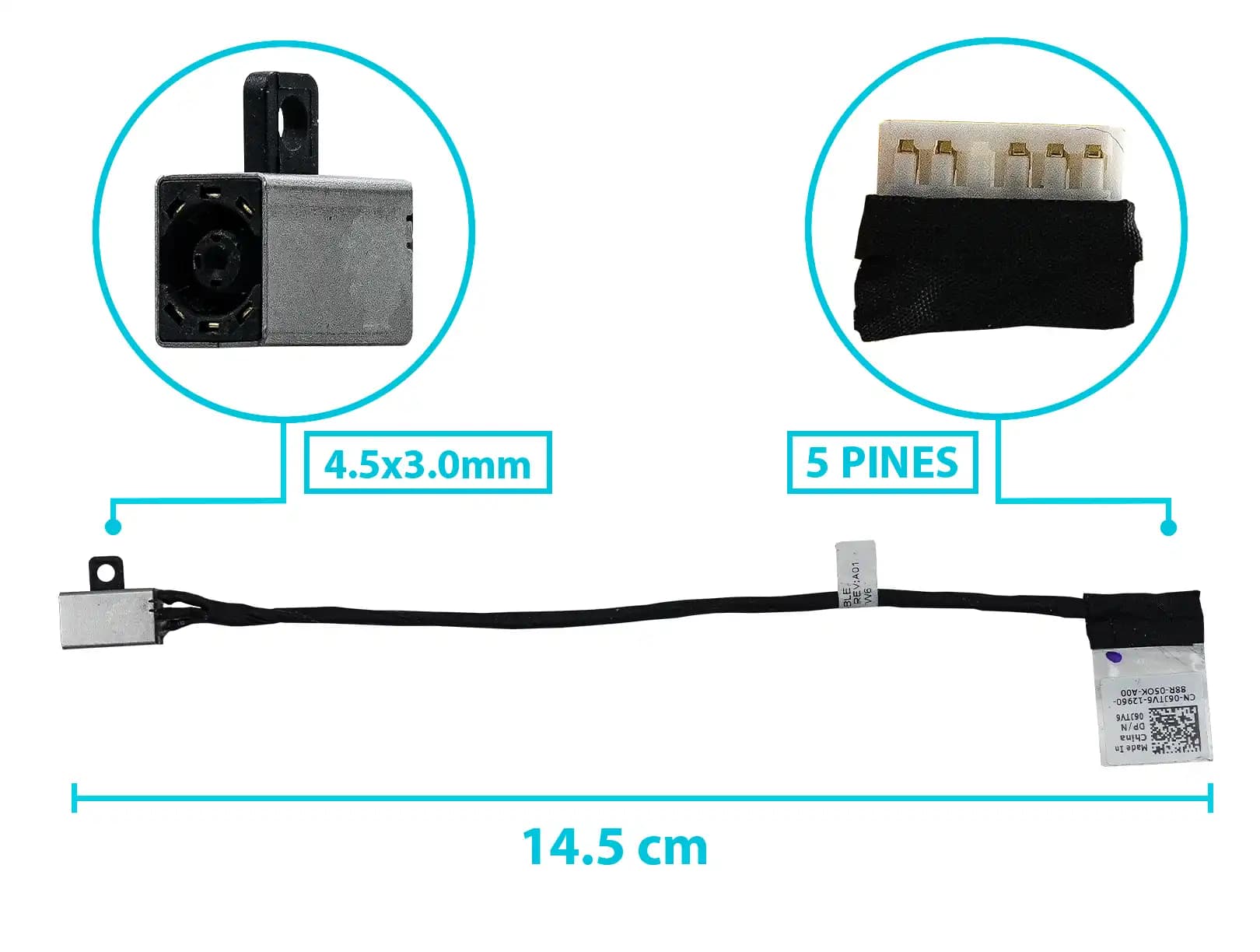 PIN DE CARGA DC JACK DELL INSPIRON 15 3573 14 3473 P/N 06JTV6 4.5x3.0mm CON CABLE LARGO 14.5 CM — imagen 1