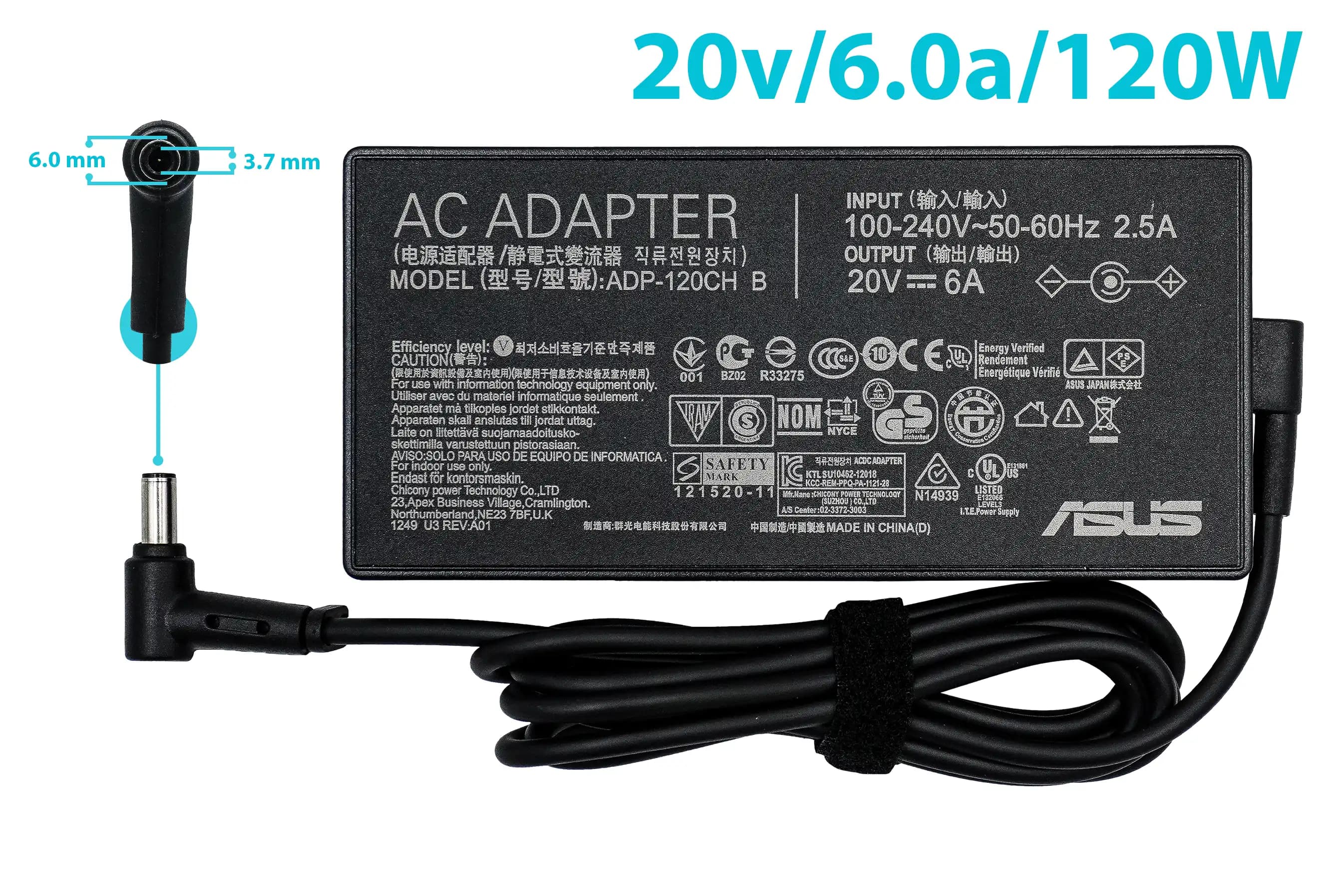 CARGADOR ASUS 20v/6.0a/120W 6.0x3.7mm PING INSIDE *ORIGINAL* — imagen 2