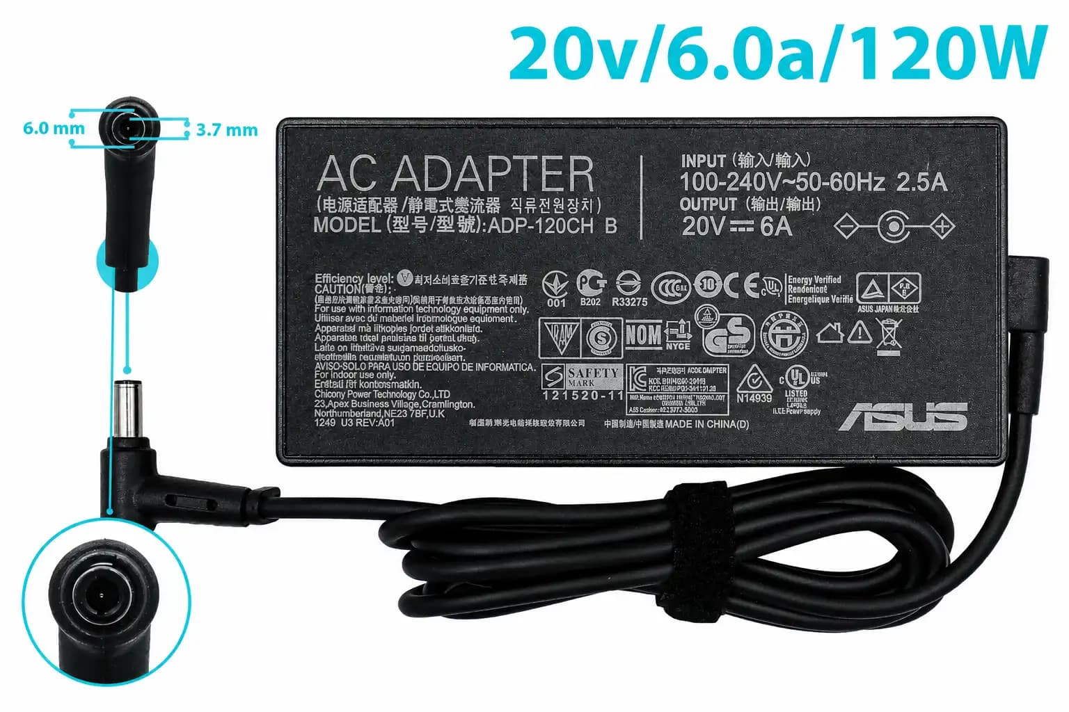 CARGADOR ASUS 20v/6.0a/120W 6.0x3.7mm PING INSIDE *ORIGINAL* — imagen 1