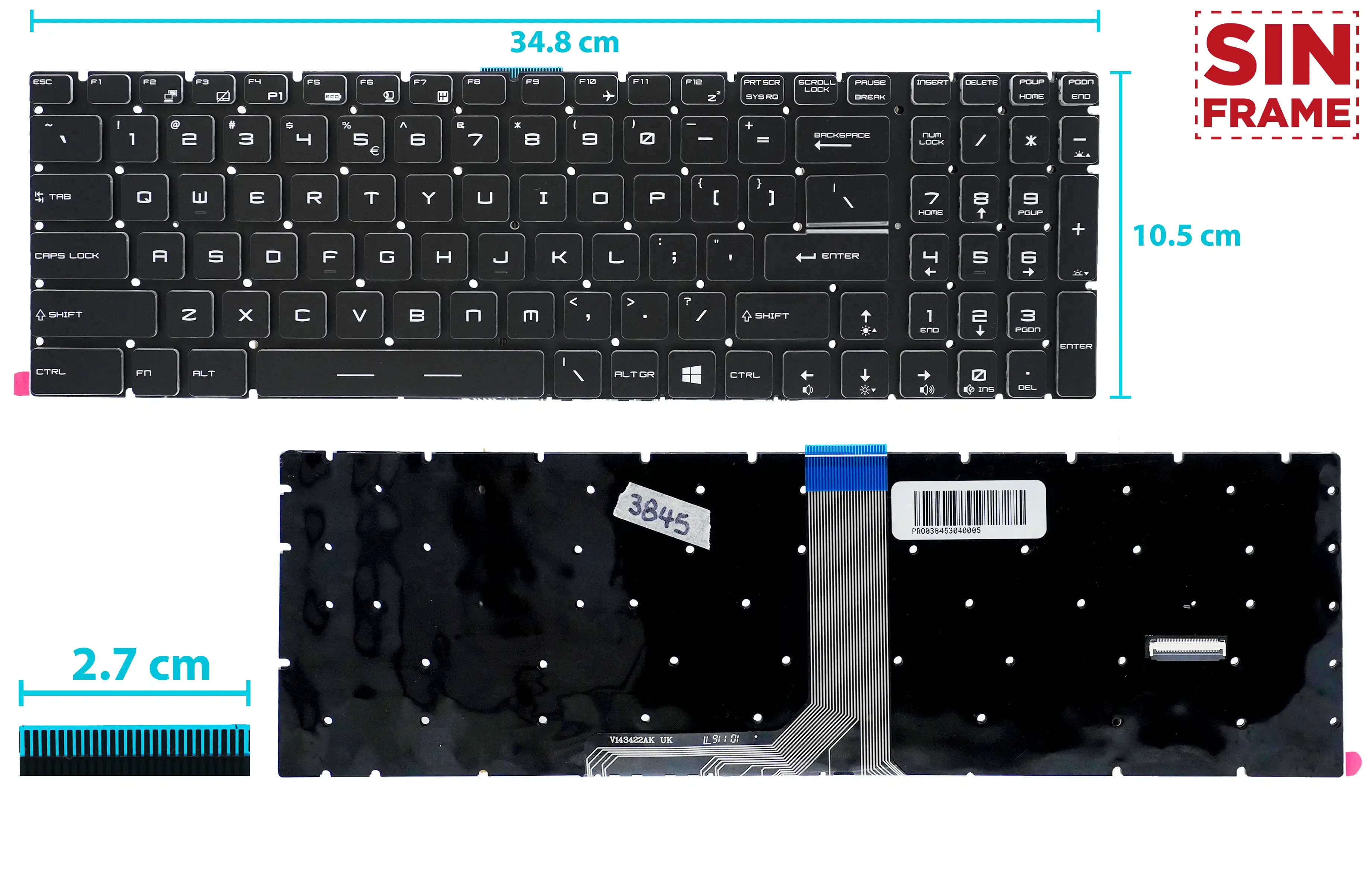 TECLADO MSI GP65 MS-16U5 MS-16U7 CON RETROILUMINACIÓN RGB POR TECLA SIN FRAME US NUMÉRICO — imagen 1