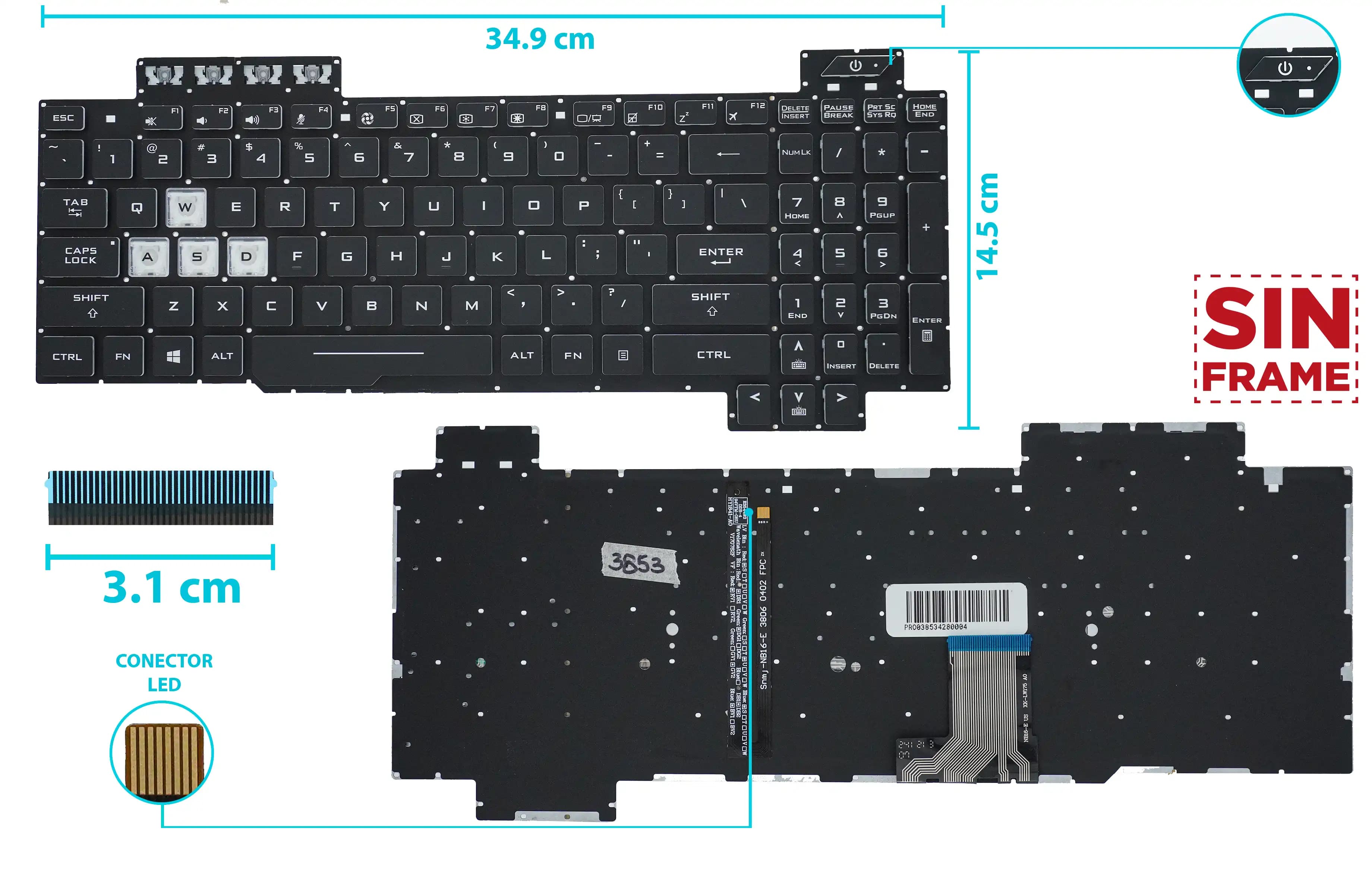 TECLADO ASUS FX504 FX505 FX80 FX505D BLANCO FX505DV FX505DD FX505DT FX505DU FX505DY FX505G FX505GT FX505GU FX505GE CON BACKLIGTH NEGRO BOTON POWER SIN FRAME US NUMÉRICO — imagen 1
