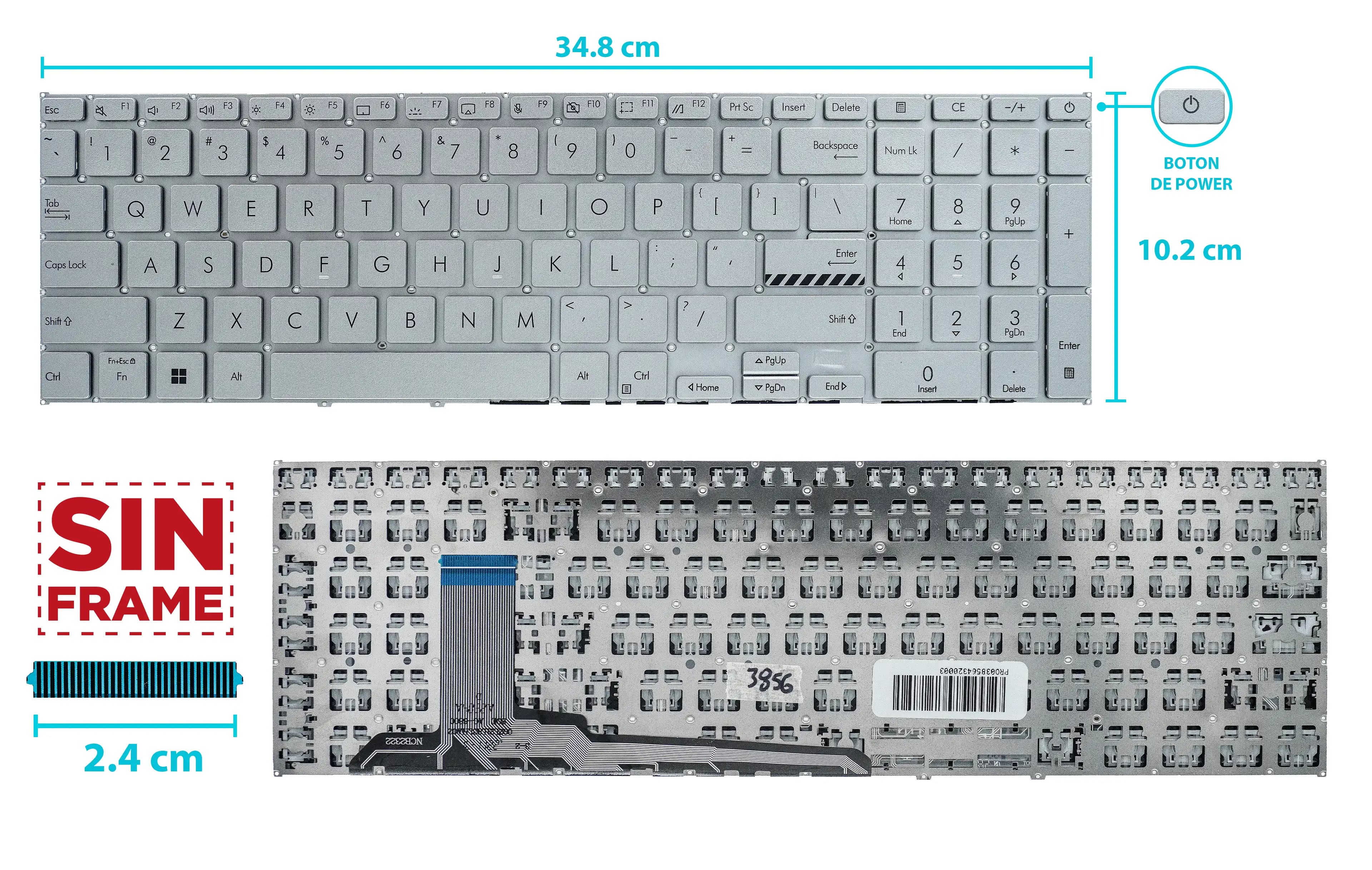 TECLADO ASUS VIVOBOOK K1703 K1703Z M1703 M1703Q M1703QA S1703 S1703QA SILVER BOTON POWER SIN FRAME US NUMÉRICO — imagen 1