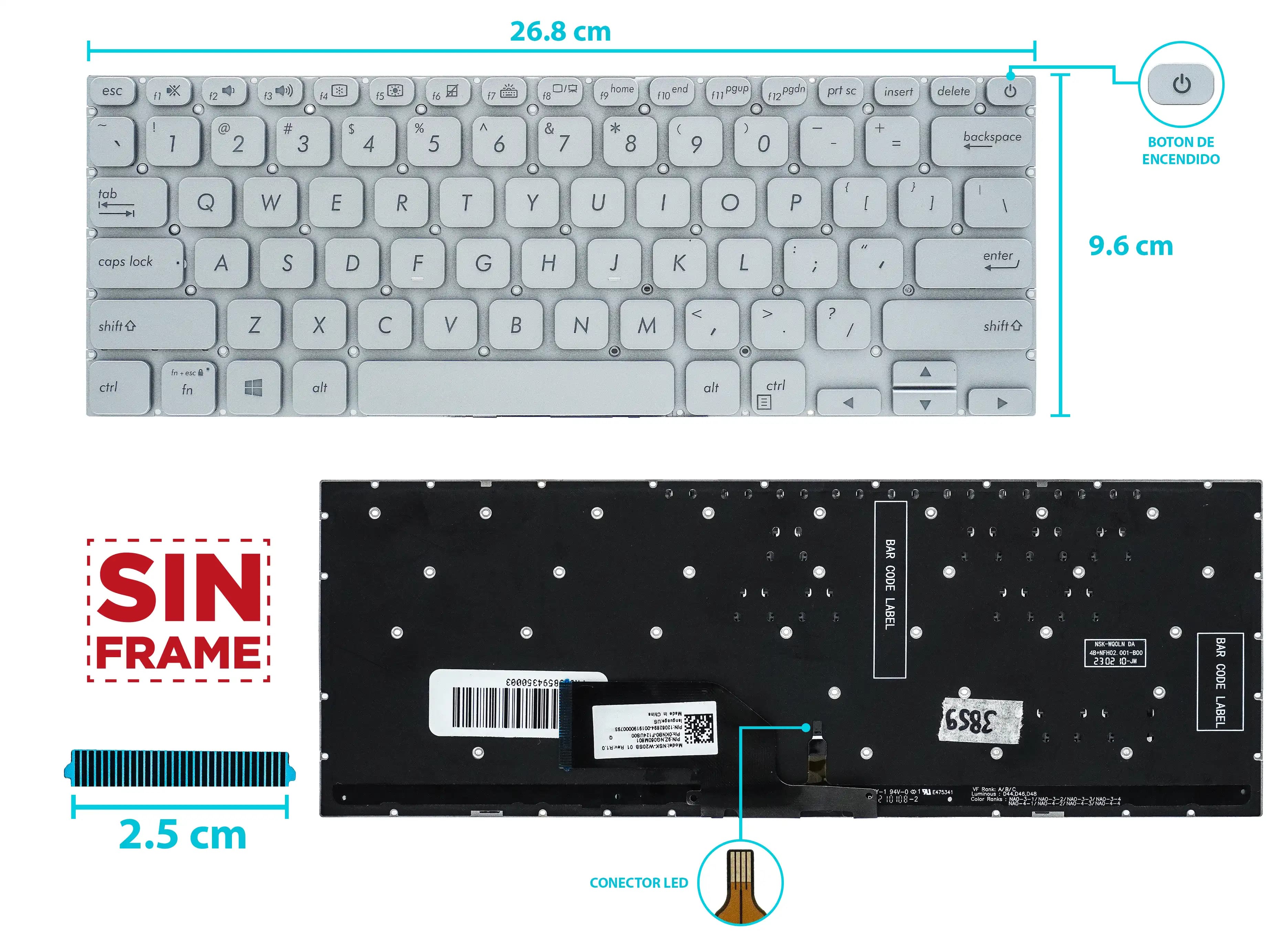 TECLADO ASUS S403F A403F X403F ADOL13U SILVER BOTON POWER SIN FRAME US — imagen 1