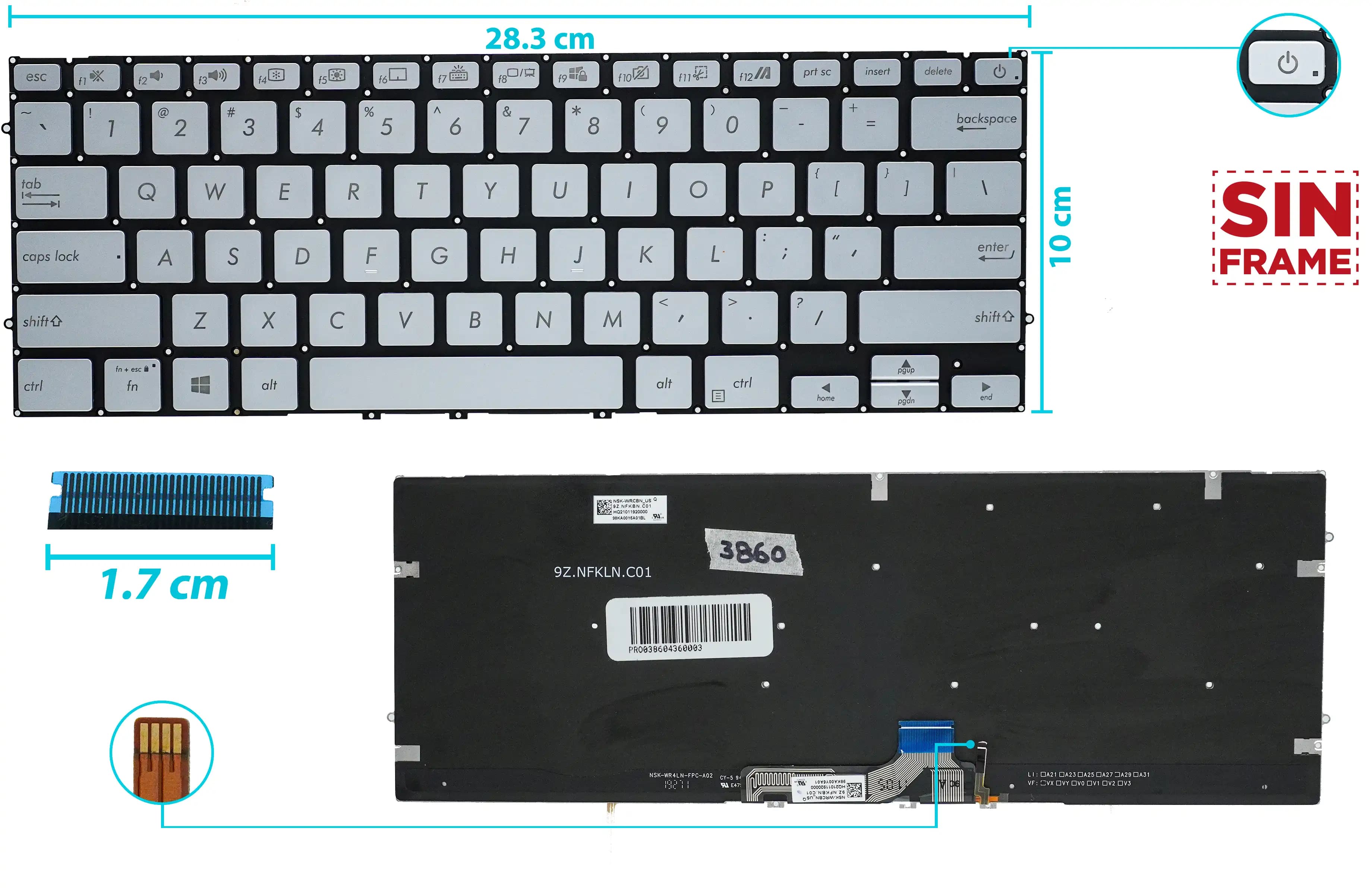TECLADO ASUS ZENBOOK 14 UX431 UX431DA UX431FAC UX431FA UX431FLC SILVER CON BACKLIGHT BOTON POWER SIN FRAME US — imagen 1