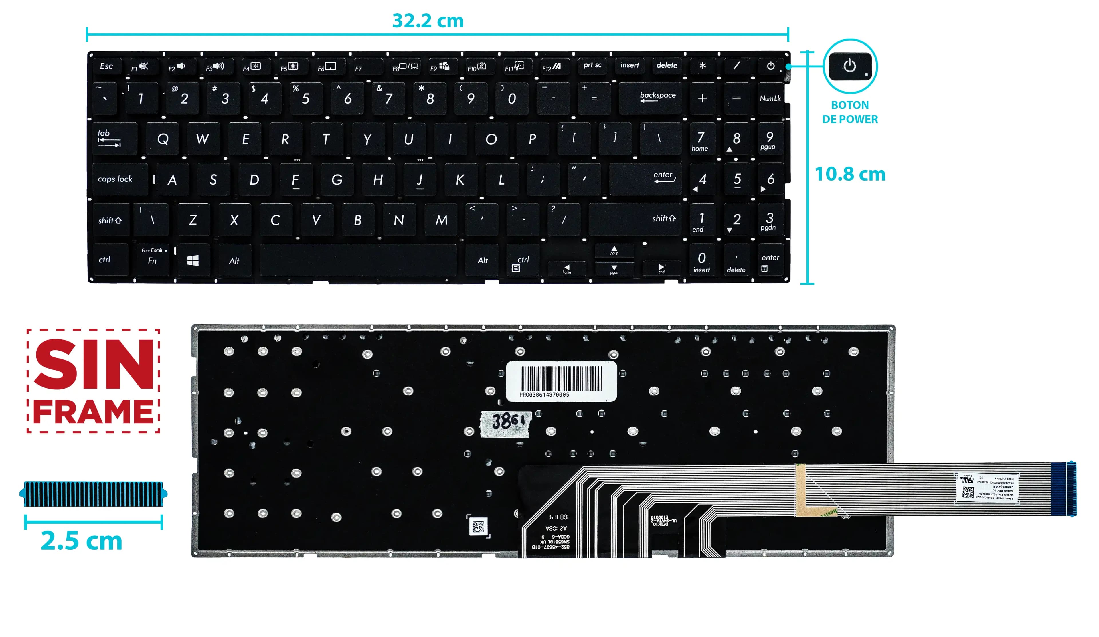 TECLADO ASUS X571 X571F X571G X571GD SIN FRAME BOTON POWER US NUMÉRICO — imagen 1