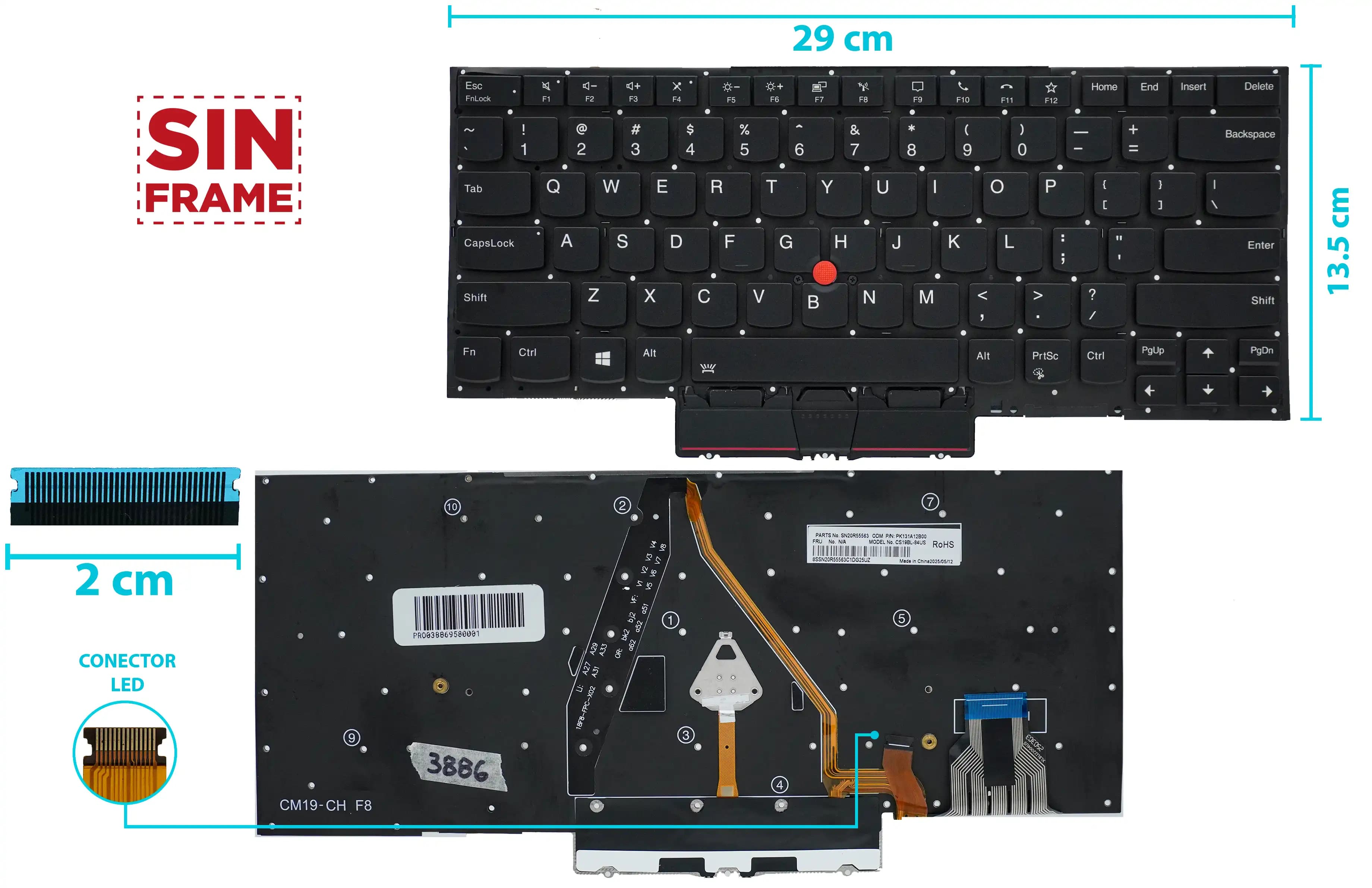 TECLADO LENVO ThinkPad X1 Carbon 8th Gen 2020 CON BACKLIGTH CON POINTER SIN FRAME US — imagen 1