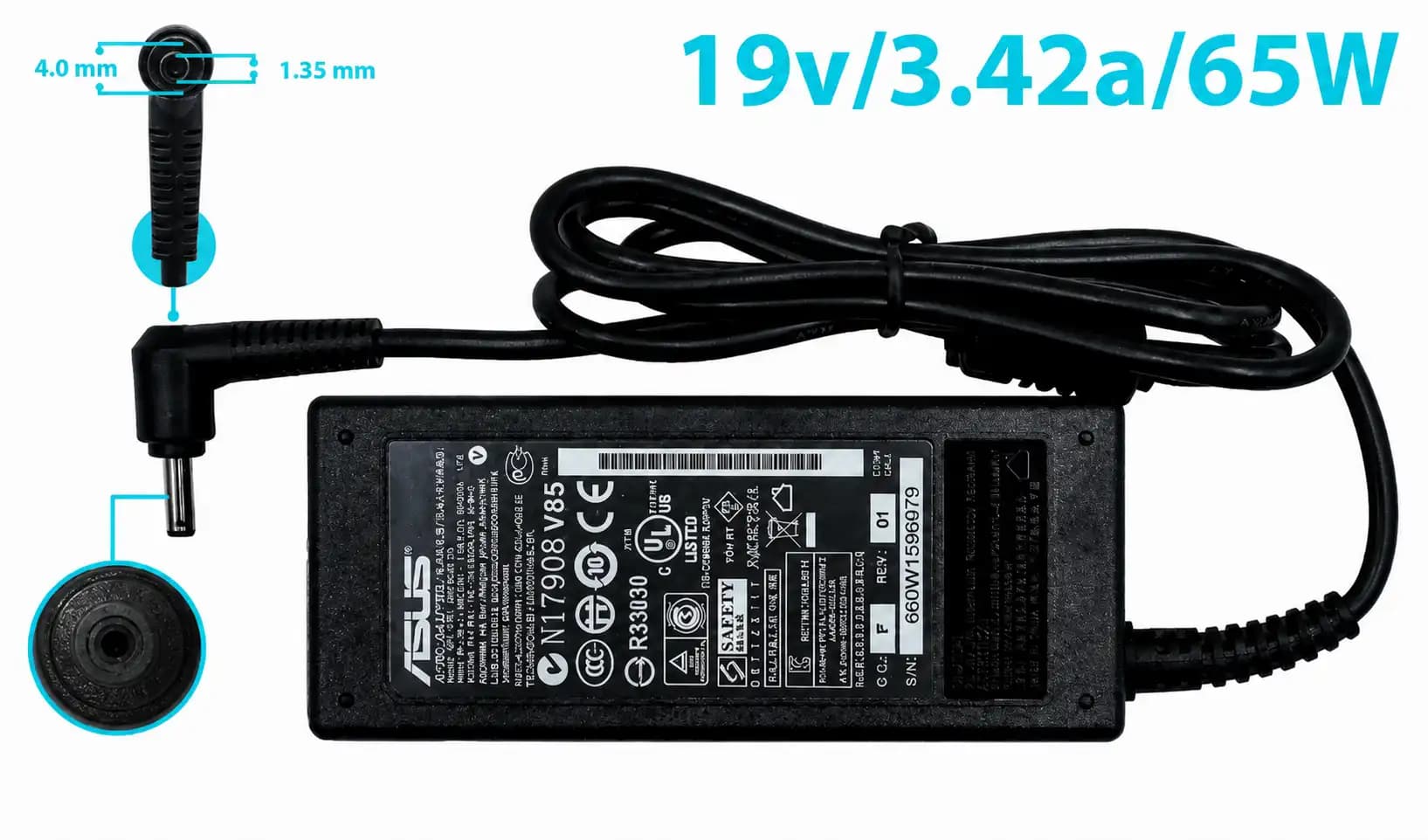 CARGADOR ASUS 19v/3.42a/65W/4.0x1.35mm PLUG NEGRO *ORIGINAL* — imagen 1