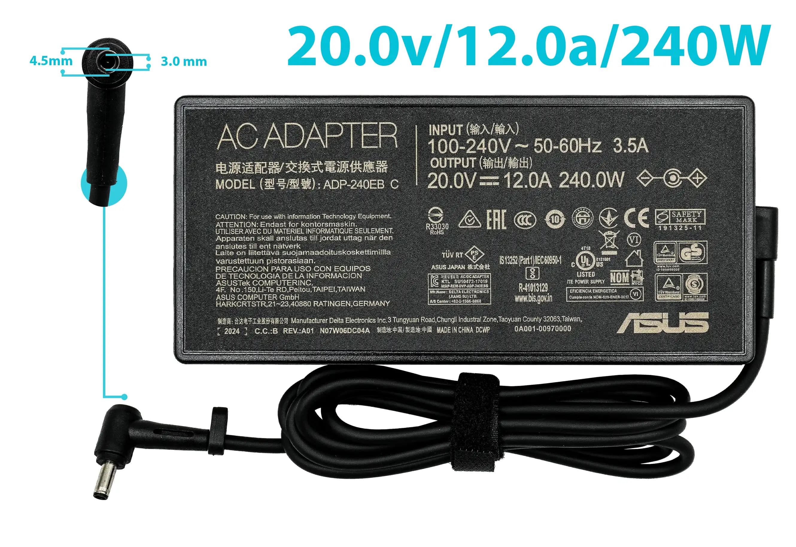 CARGADOR ASUS 20.0v/12.0a/240W/4.5x3.0mm PLUG DELGADO *ORIGINAL* — imagen 2