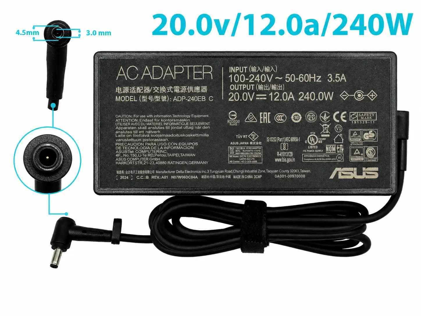 CARGADOR ASUS 20.0v/12.0a/240W/4.5x3.0mm PLUG DELGADO *ORIGINAL* — imagen 1
