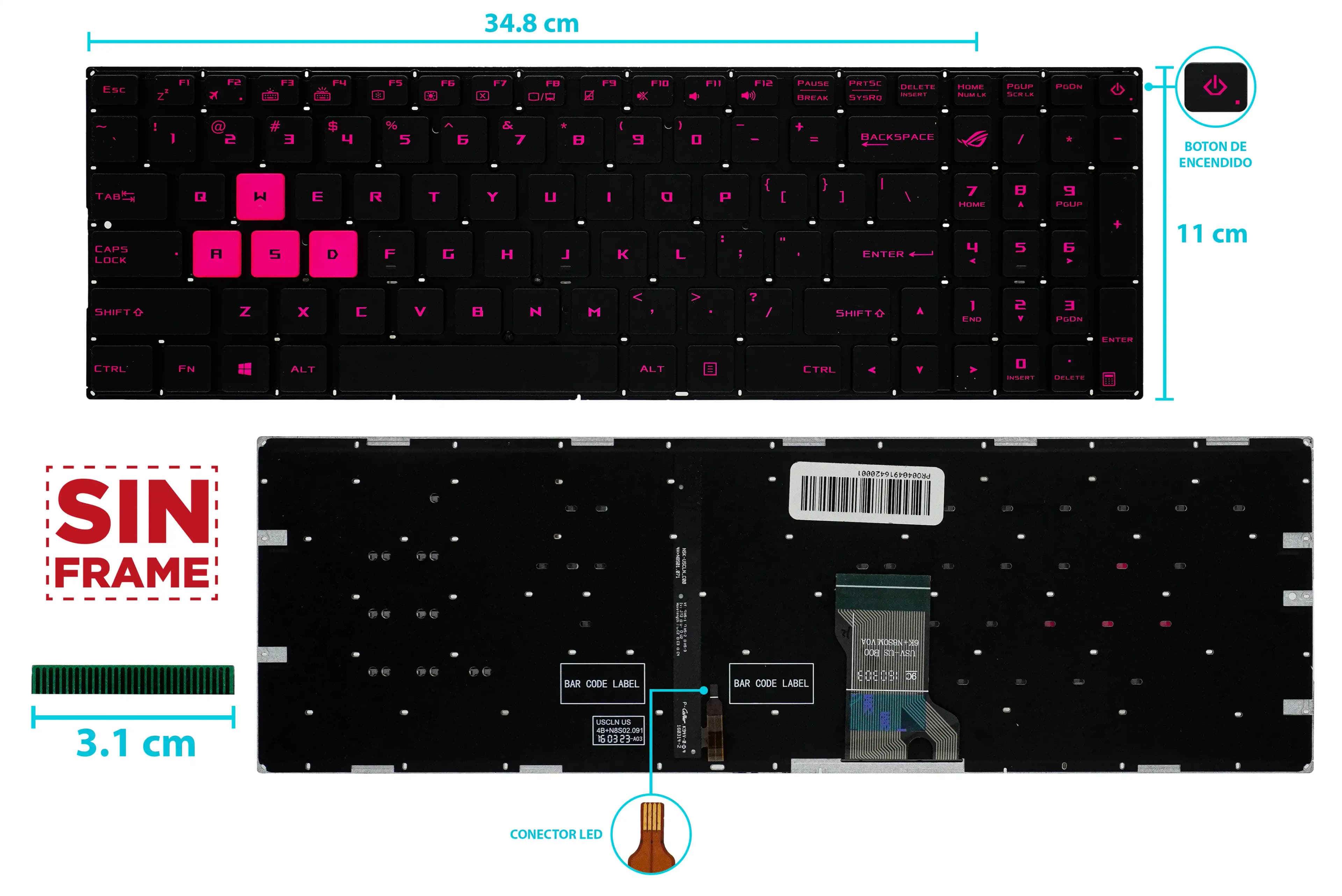 TECLADO ASUS GL502 GL502V GL502VS GL502VY GL502VT CON BACLIGTH ROSADO SIN FRAME BOTON POWER US NUMÉRICO — imagen 1