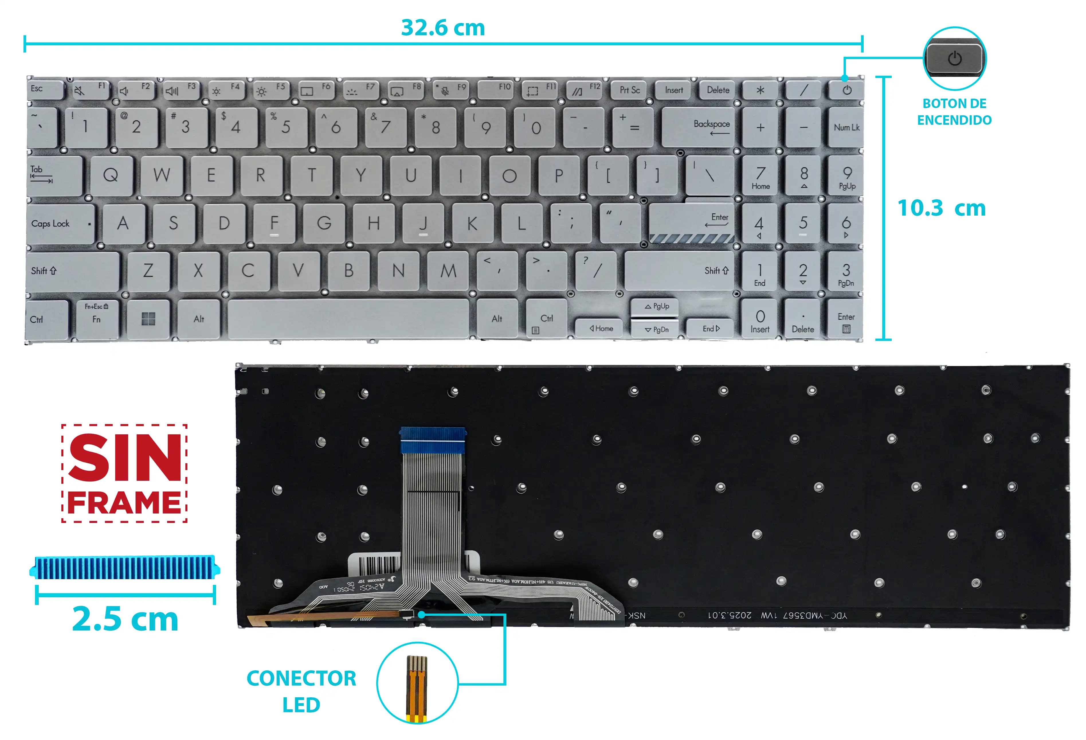 TECLADO ASUS VIVOBOOK X1505 X1505VA X1505ZA X1602 X1605ZA X1605 CON BACKLIGTH SILVER BOTON POWER SIN FRAME US NUMÉRICO — imagen 1