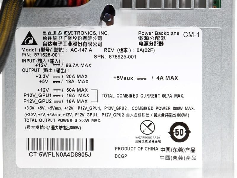 Backplane de Poder Delta Electronics CM-1/ AC-147 A /871625-001, Servidor HPE ProLiant ML110 Gen10 — imagen 3