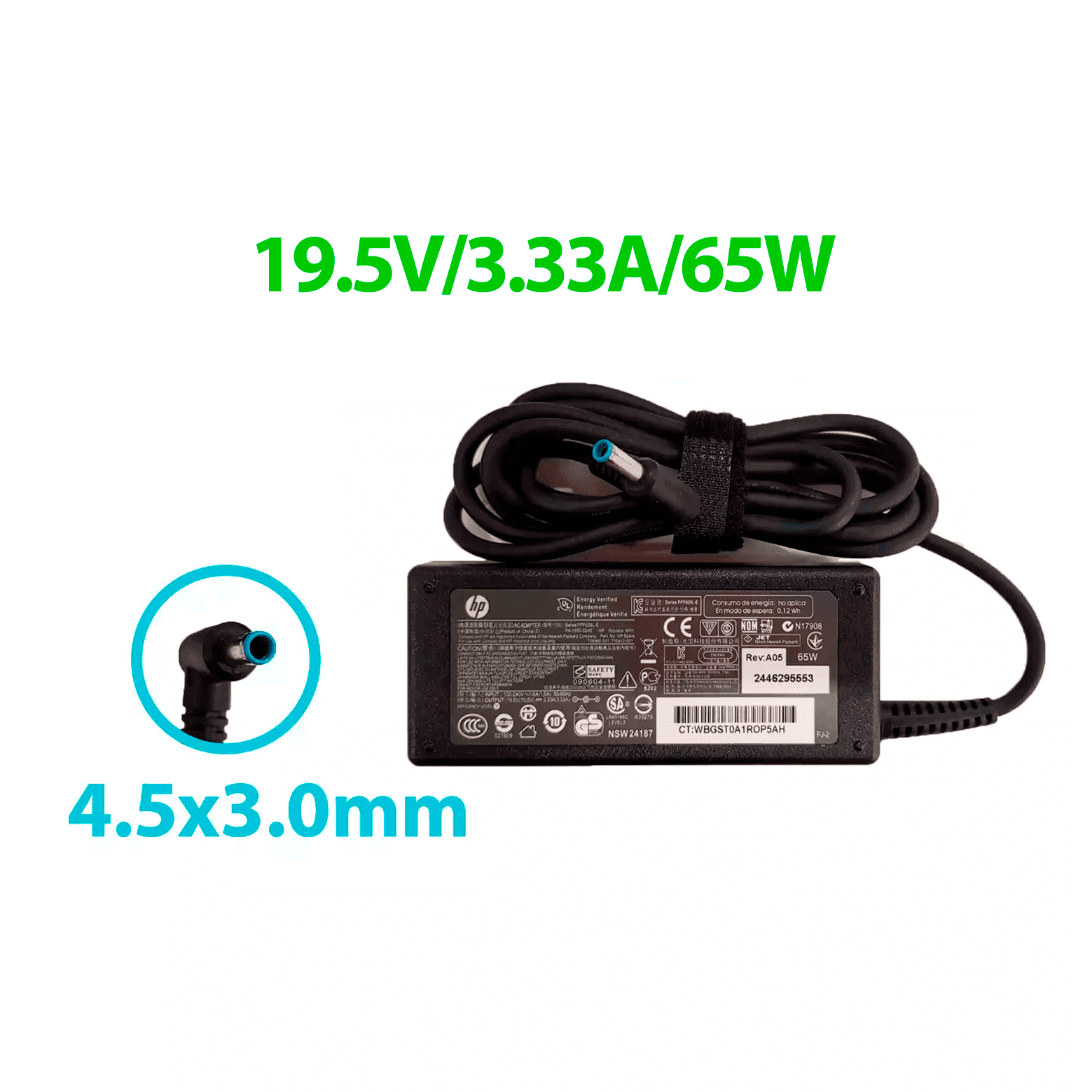 Cargador | HP | Punta Azul | 65W | 19.5V 3.33A | Original — imagen 1