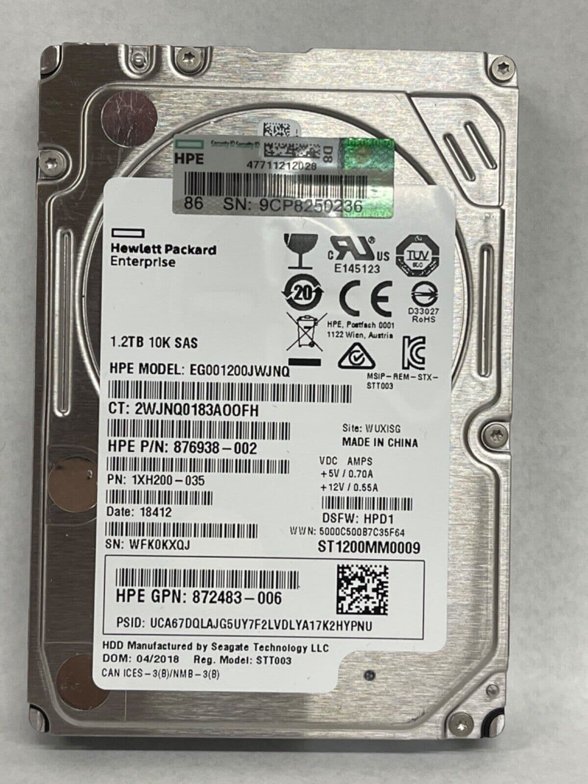Disco duro EG001200JWJNQ 1,2 TB 10K 876938-002 HP Enterprise SAS probado formateado — imagen 1
