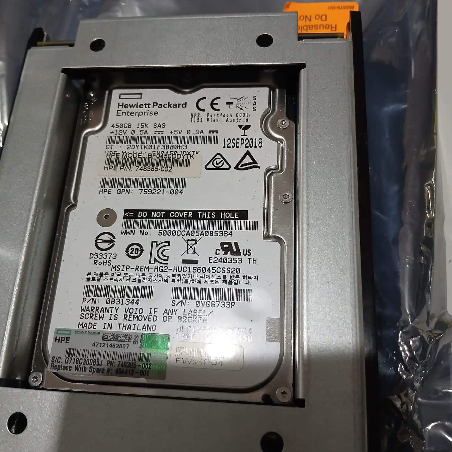 Disco Duro BF0450DDYTK HPE 450GB 15K SAS 12G SFF Hard Drive | 748385-002 | Usado — imagen 1