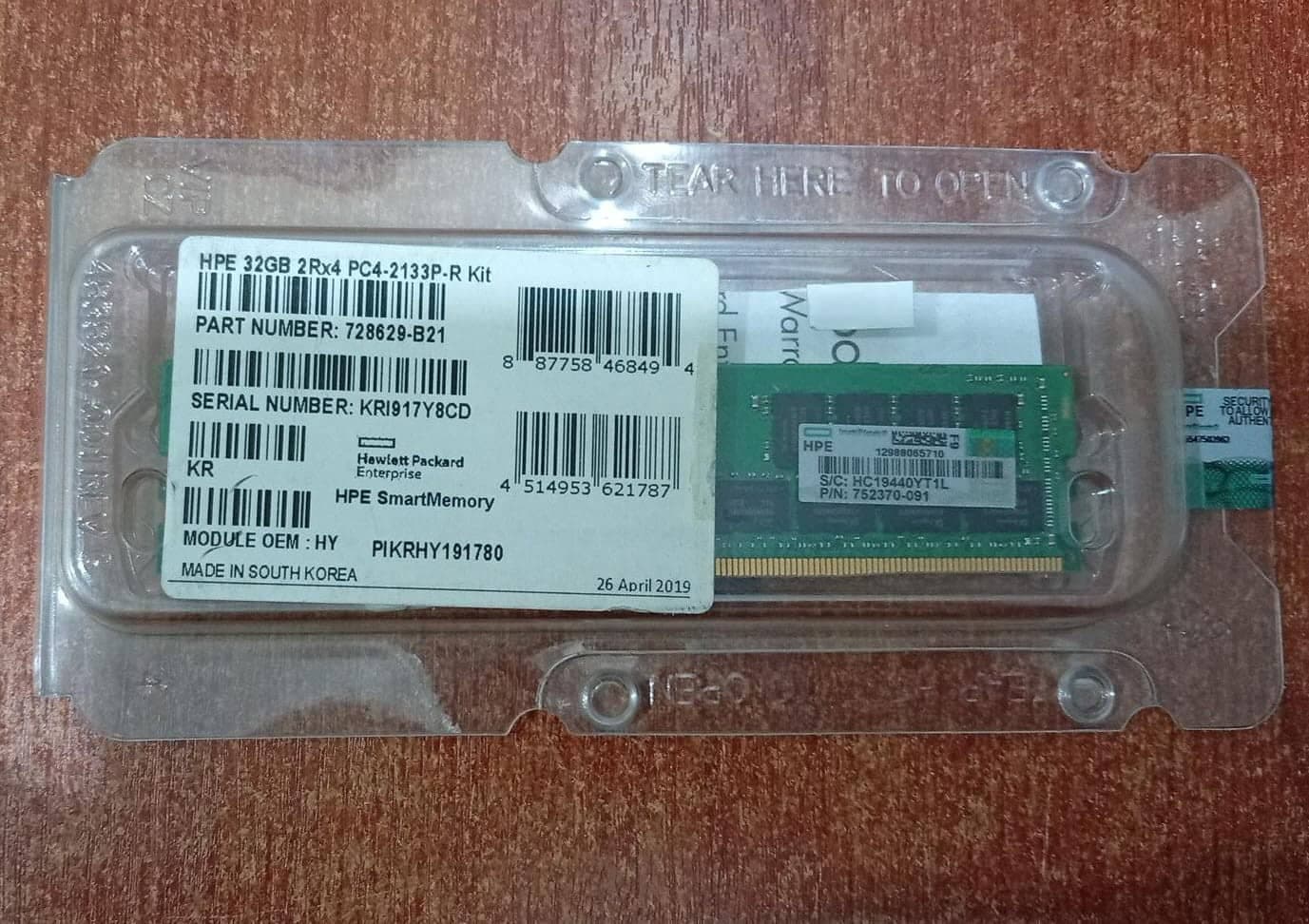 MEMORIA RAM PARA SERVIDOR HPE 32GB DDR4-2133P ECC RDIMM SMARTMEMORY 728629-B21 — imagen 1