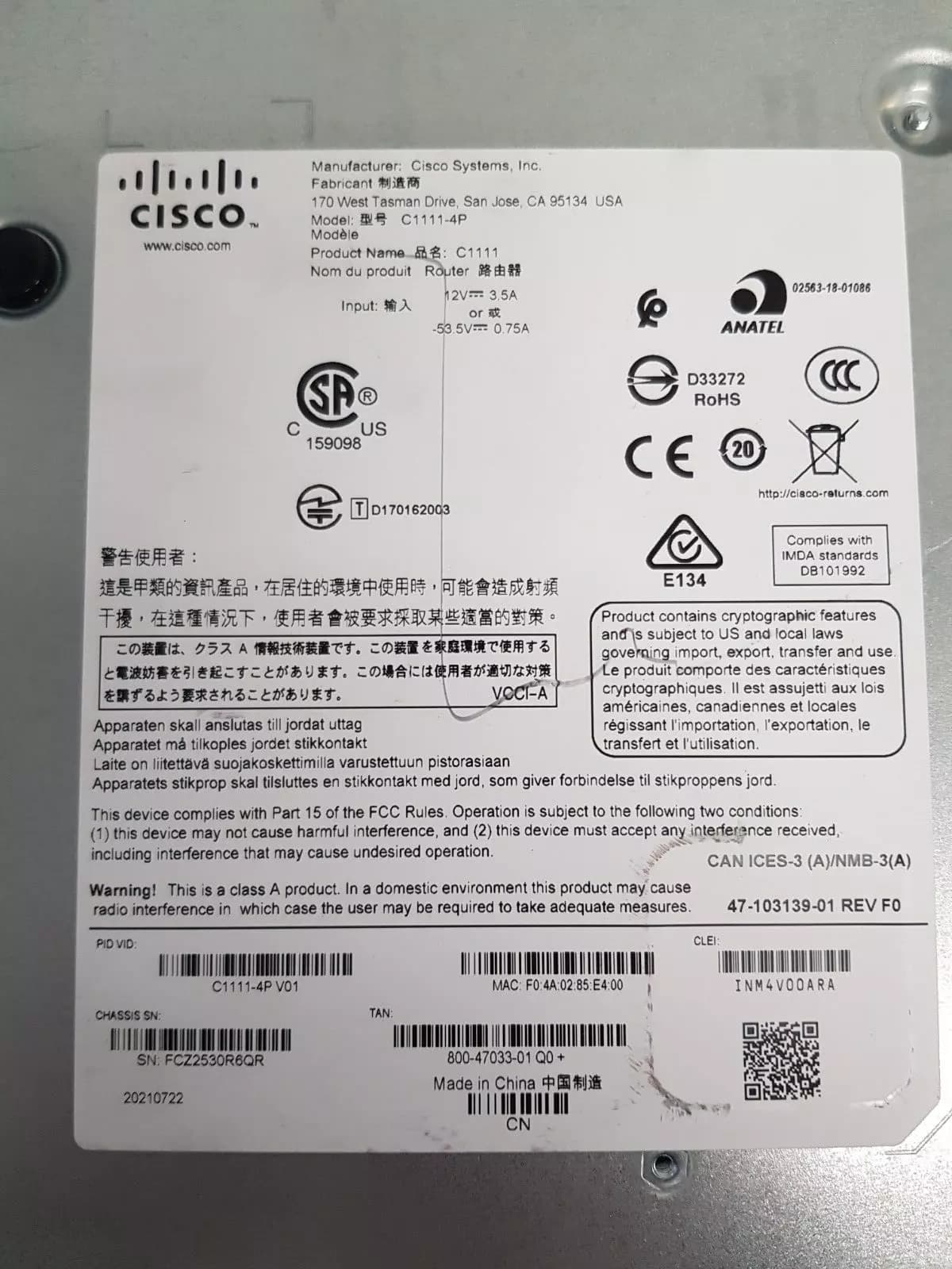 Router | CISCO | C1111-4P | ISR 1100 SERIES | Input: 12V 3.5A | 4 Ports Dual GE WAN Ethernet | con Cargador PA-1660-2SA2 12V 5.5A — imagen 4