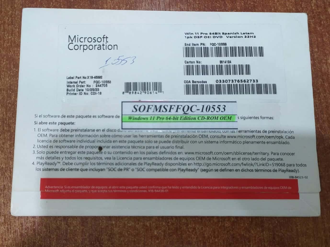 Windows 11 Pro 64‑Bit Español LATAM 1PK DSP OEI DVD / FQC‑10553 nuevo — imagen 1