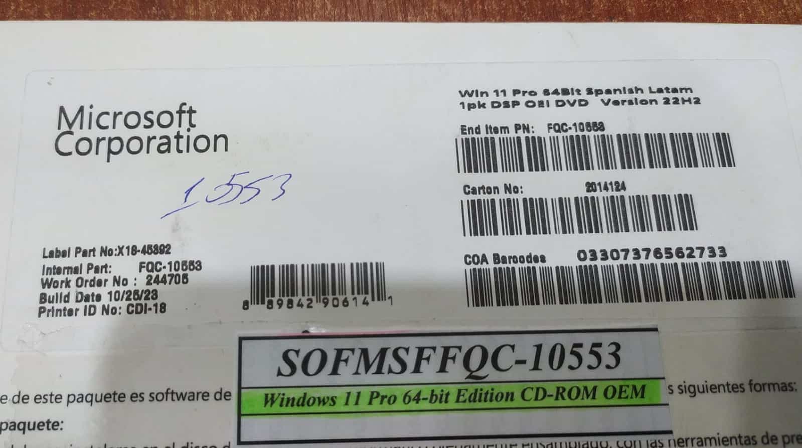 Windows 11 Pro 64‑Bit Español LATAM 1PK DSP OEI DVD / FQC‑10553 nuevo — imagen 2