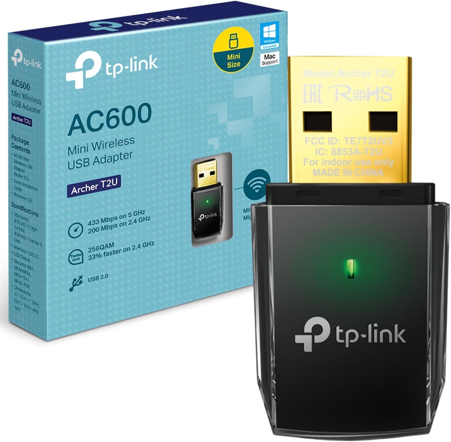 Adaptador USB Wi-Fi TP-Link Archer T2U AC600 Dual Band 433Mbps 5GHz / 200Mbps 2.4GHz