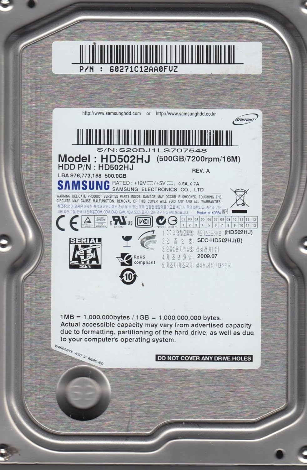 Disco Duro Interno Samsung HD502HJ 500GB 7200RPM 16MB SATA II 3.5"