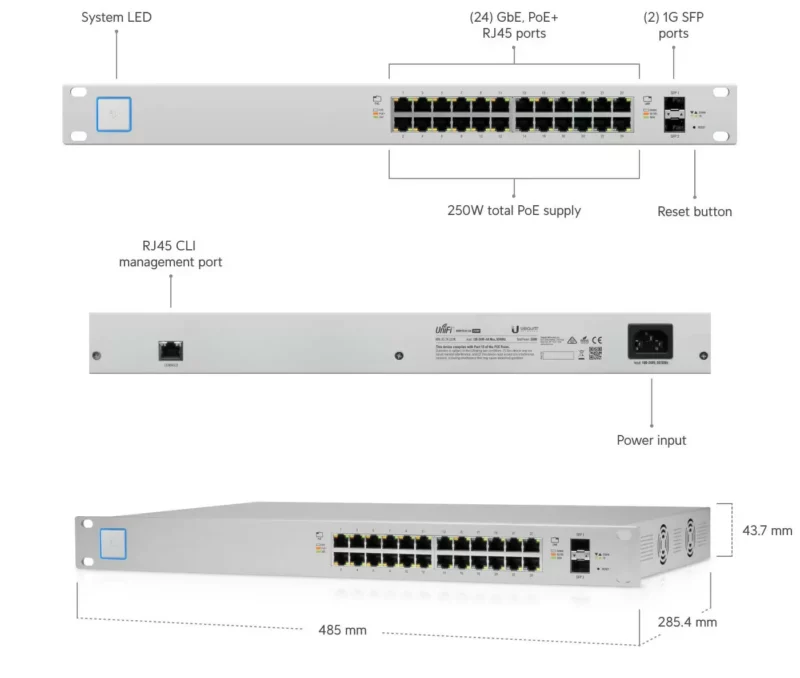 Switch Administrable Ubiquiti UniFi US-24-250W 24 Puertos PoE+ 250W Rack 1U - Image 2