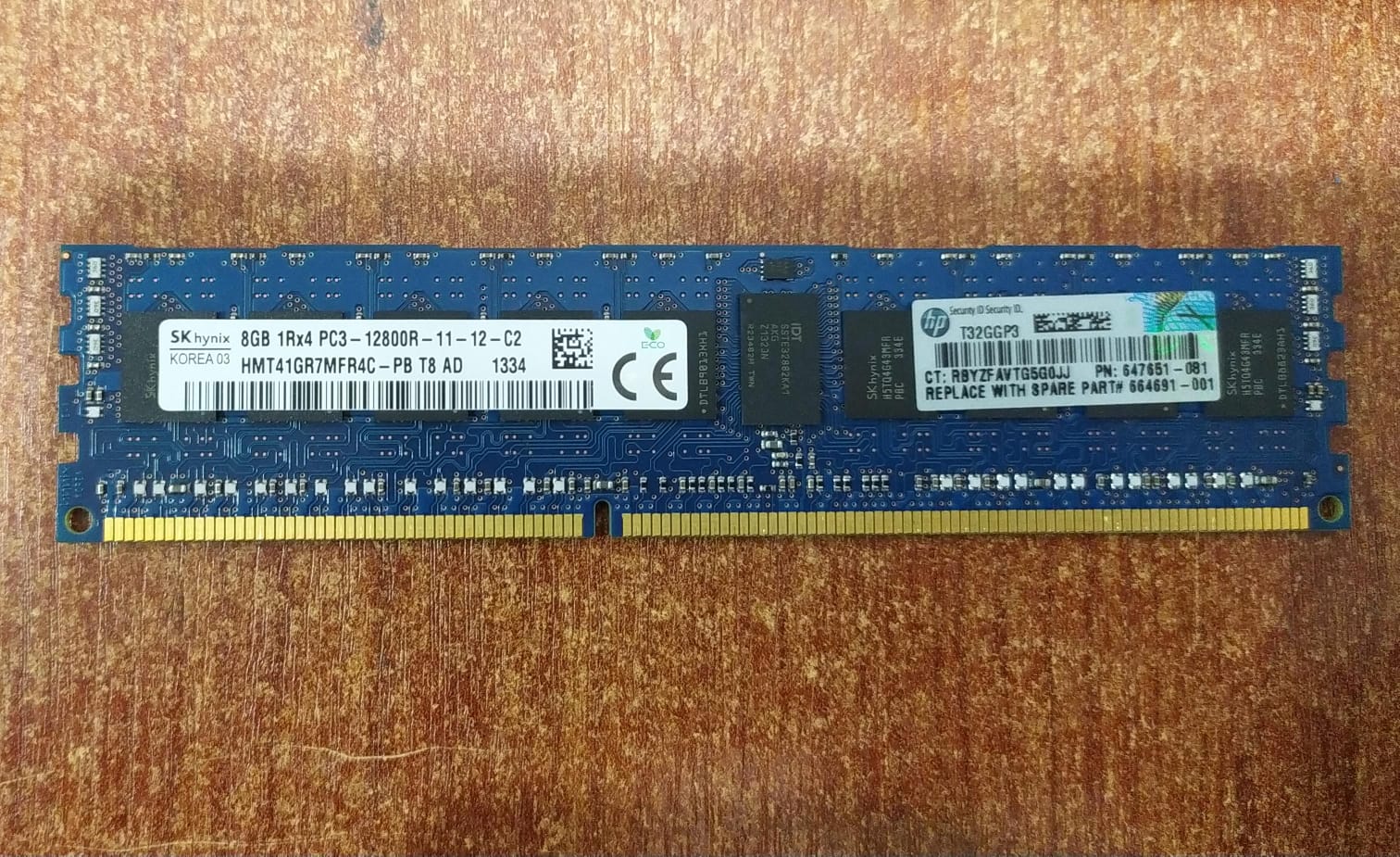 Memoria RAM SK hynix 8 GB (HMT41GR7MFR4C‑PB T8 AD) 1Rx4 PC3‑12800R ECC registrada, certificada por HP T32GGP3