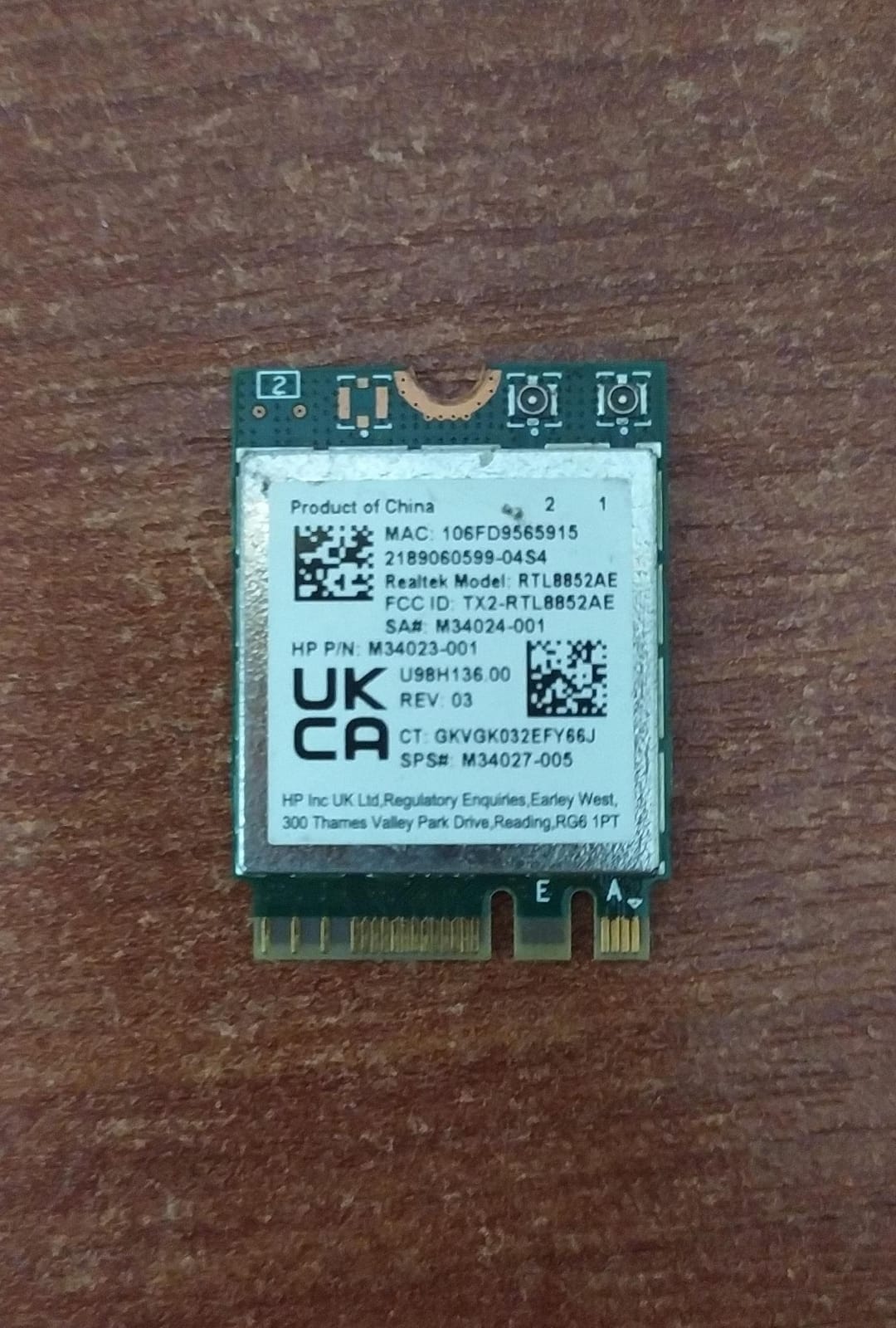 Tarjeta Wi‑Fi Realtek RTL8852AE AX 2×2 HP (M34023‑001) para Pavilion Aero 13 y 17‑CP0056NR