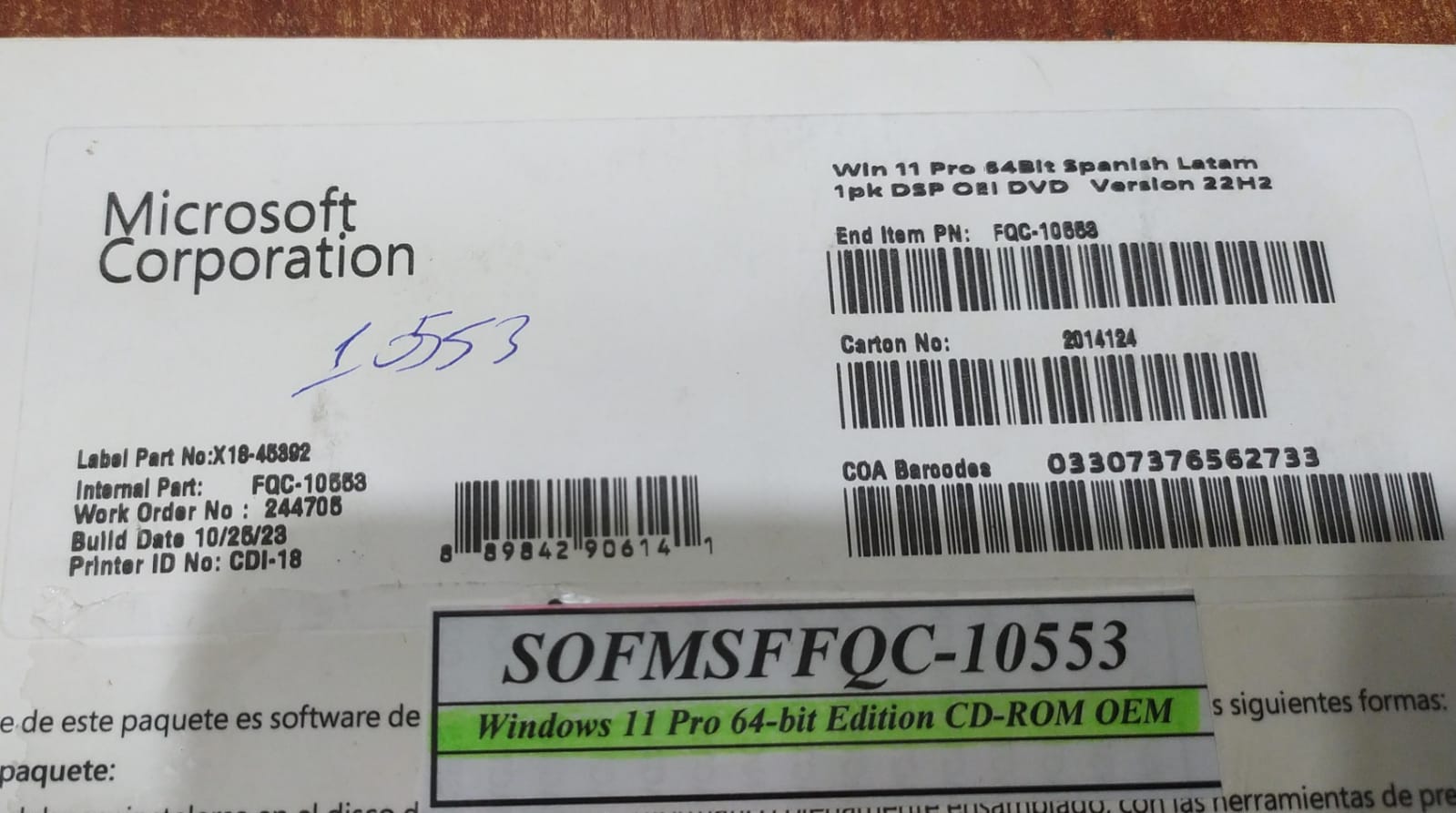 Windows 11 Pro 64‑Bit Español LATAM 1PK DSP OEI DVD / FQC‑10553 nuevo - Image 2