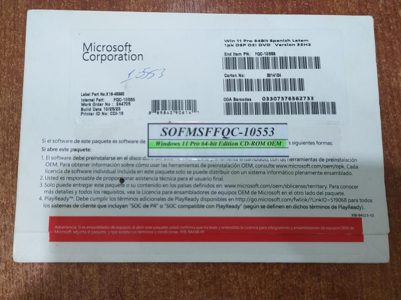 Windows 11 Pro 64‑Bit Español LATAM 1PK DSP OEI DVD / FQC‑10553 nuevo